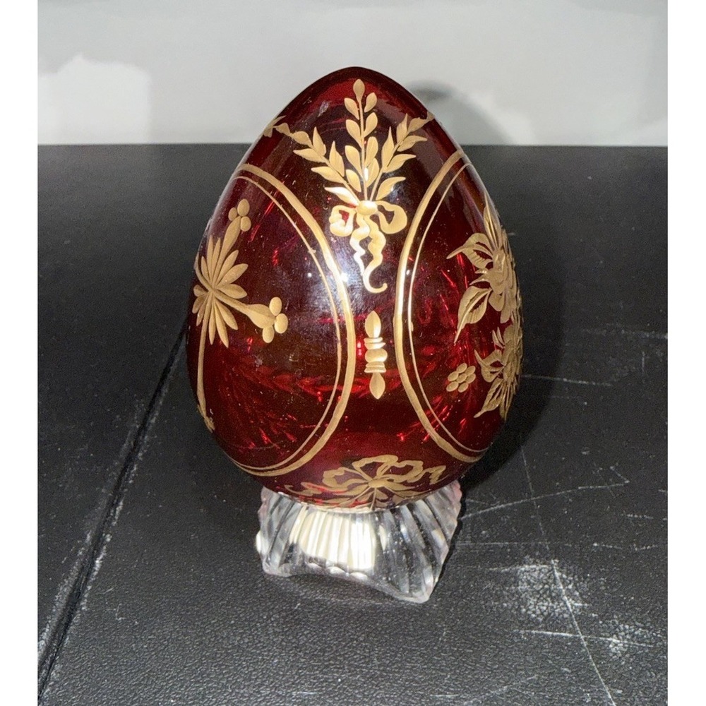 Vintage Ruby Red Russian Glass Egg Hand Etched Floral Design on Stand